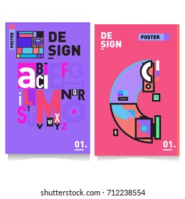 Vector covers design set with retro style. Cool geometric memphis style poster template with alphabets typography. Summer and autumn design template.