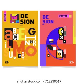 Vector covers design set with retro style. Cool geometric memphis style poster template with alphabets typography. Summer and autumn design template.