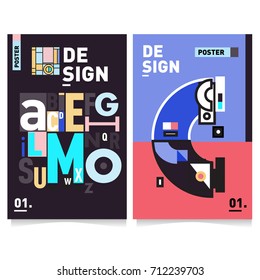 Vector covers design set with retro style. Cool geometric memphis style poster template with alphabets typography. Summer and autumn design template.
