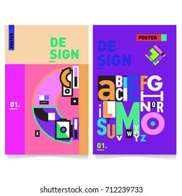 Vector covers design set with retro style. Cool geometric memphis style poster template with alphabets typography. Summer and autumn design template.
