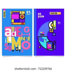 Vector covers design set with retro style. Cool geometric memphis style poster template with alphabets typography. Summer and autumn design template.