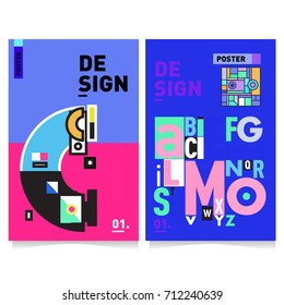 Vector covers design set with retro style. Cool geometric memphis style poster template with alphabets typography. Summer and autumn design template.