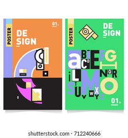 Vector covers design set with retro style. Cool geometric memphis style poster template with alphabets typography. Summer and autumn design template.