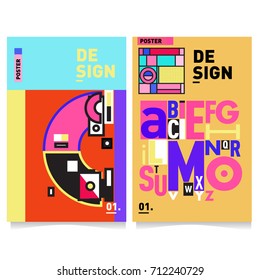 Vector covers design set with retro style. Cool geometric memphis style poster template with alphabets typography. Summer and autumn design template.