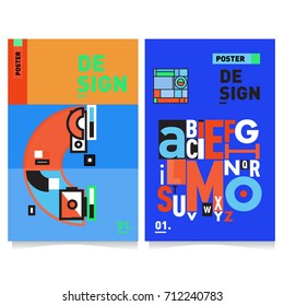 Vector covers design set with retro style. Cool geometric memphis style poster template with alphabets typography. Summer and autumn design template.