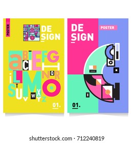 Vector covers design set with retro style. Cool geometric memphis style poster template with alphabets typography. Summer and autumn design template.