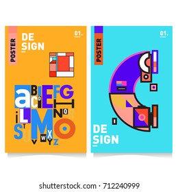 Vector covers design set with retro style. Cool geometric memphis style poster template with alphabets typography. Summer and autumn design template.