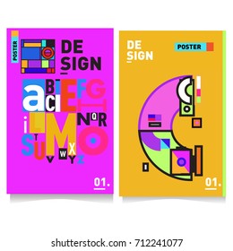 Vector covers design set with retro style. Cool geometric memphis style poster template with alphabets typography. Summer and autumn design template.
