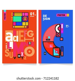 Vector covers design set with retro style. Cool geometric memphis style poster template with alphabets typography. Summer and autumn design template.