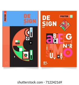 Vector covers design set with retro style. Cool geometric memphis style poster template with alphabets typography. Summer and autumn design template.