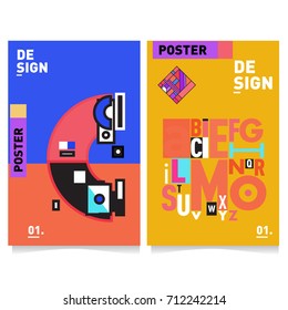 Vector covers design set with retro style. Cool geometric memphis style poster template with alphabets typography. Summer and autumn design template.