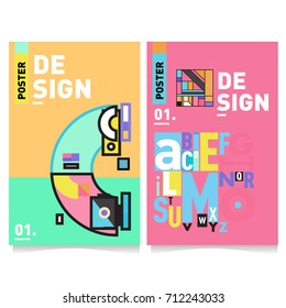 Vector covers design set with retro style. Cool geometric memphis style poster template with alphabets typography. Summer and autumn design template.