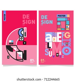 Vector covers design set with retro style. Cool geometric memphis style poster template with alphabets typography. Summer and autumn design template.