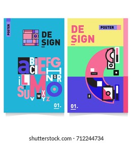 Vector covers design set with retro style. Cool geometric memphis style poster template with alphabets typography. Summer and autumn design template.