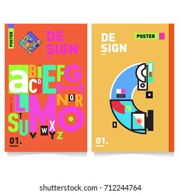 Vector covers design set with retro style. Cool geometric memphis style poster template with alphabets typography. Summer and autumn design template.
