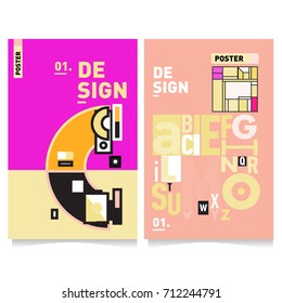 Vector covers design set with retro style. Cool geometric memphis style poster template with alphabets typography. Summer and autumn design template.