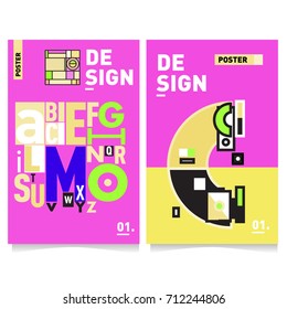 Vector covers design set with retro style. Cool geometric memphis style poster template with alphabets typography. Summer and autumn design template.