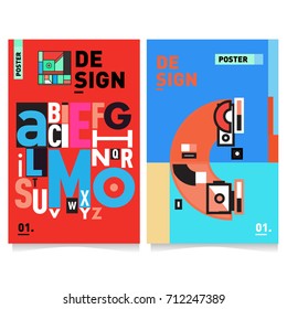 Vector covers design set with retro style. Cool geometric memphis style poster template with alphabets typography. Summer and autumn design template.
