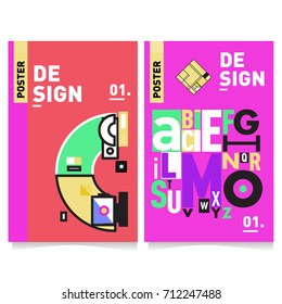 Vector covers design set with retro style. Cool geometric memphis style poster template with alphabets typography. Summer and autumn design template.