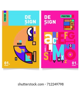 Vector covers design set with retro style. Cool geometric memphis style poster template with alphabets typography. Summer and autumn design template.