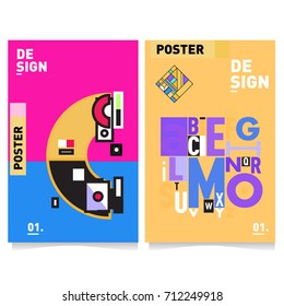 Vector covers design set with retro style. Cool geometric memphis style poster template with alphabets typography. Summer and autumn design template.