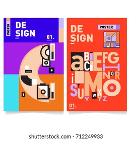 Vector covers design set with retro style. Cool geometric memphis style poster template with alphabets typography. Summer and autumn design template.