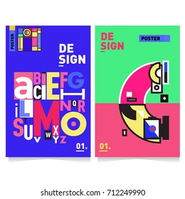 Vector covers design set with retro style. Cool geometric memphis style poster template with alphabets typography. Summer and autumn design template.