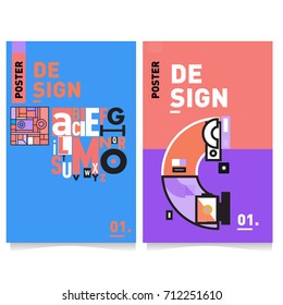 Vector covers design set with retro style. Cool geometric memphis style poster template with alphabets typography. Summer and autumn design template.