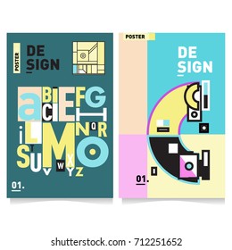 Vector covers design set with retro style. Cool geometric memphis style poster template with alphabets typography. Summer and autumn design template.