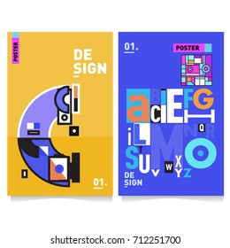 Vector covers design set with retro style. Cool geometric memphis style poster template with alphabets typography. Summer and autumn design template.