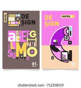 Vector covers design set with retro style. Cool geometric memphis style poster template with alphabets typography. Summer and autumn design template.