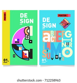 Vector covers design set with retro style. Cool geometric memphis style poster template with alphabets typography. Summer and autumn design template.