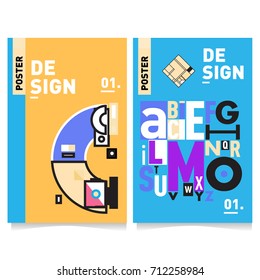 Vector covers design set with retro style. Cool geometric memphis style poster template with alphabets typography. Summer and autumn design template.