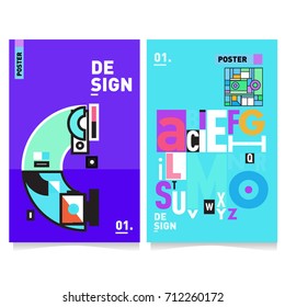 Vector covers design set with retro style. Cool geometric memphis style poster template with alphabets typography. Summer and autumn design template.