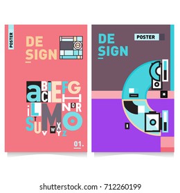 Vector covers design set with retro style. Cool geometric memphis style poster template with alphabets typography. Summer and autumn design template.