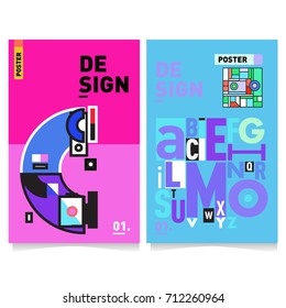 Vector covers design set with retro style. Cool geometric memphis style poster template with alphabets typography. Summer and autumn design template.