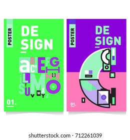 Vector covers design set with retro style. Cool geometric memphis style poster template with alphabets typography. Summer and autumn design template.