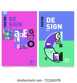 Vector covers design set with retro style. Cool geometric memphis style poster template with alphabets typography. Summer and autumn design template.