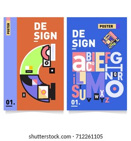 Vector covers design set with retro style. Cool geometric memphis style poster template with alphabets typography. Summer and autumn design template.