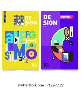 Vector covers design set with retro style. Cool geometric memphis style poster template with alphabets typography. Summer and autumn design template.