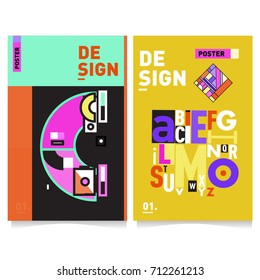 Vector covers design set with retro style. Cool geometric memphis style poster template with alphabets typography. Summer and autumn design template.