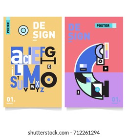 Vector covers design set with retro style. Cool geometric memphis style poster template with alphabets typography. Summer and autumn design template.