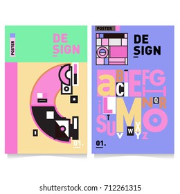 Vector covers design set with retro style. Cool geometric memphis style poster template with alphabets typography. Summer and autumn design template.