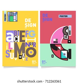 Vector covers design set with retro style. Cool geometric memphis style poster template with alphabets typography. Summer and autumn design template.