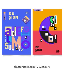 Vector covers design set with retro style. Cool geometric memphis style poster template with alphabets typography. Summer and autumn design template.
