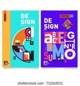 Vector covers design set with retro style. Cool geometric memphis style poster template with alphabets typography. Summer and autumn design template.