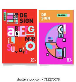 Vector covers design set with retro style. Cool geometric memphis style poster template with alphabets typography. Summer and autumn design template.