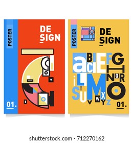 Vector covers design set with retro style. Cool geometric memphis style poster template with alphabets typography. Summer and autumn design template.