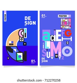 Vector covers design set with retro style. Cool geometric memphis style poster template with alphabets typography. Summer and autumn design template.