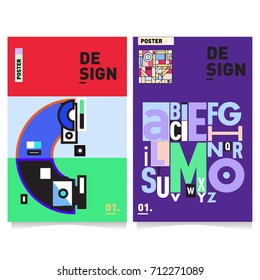 Vector covers design set with retro style. Cool geometric memphis style poster template with alphabets typography. Summer and autumn design template.